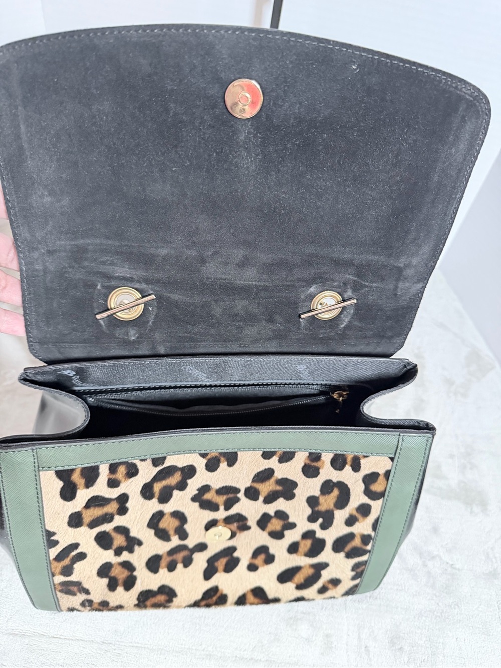 Black Leather and Leopard Accent Top-Handle Satchel - Picture 7 of 9